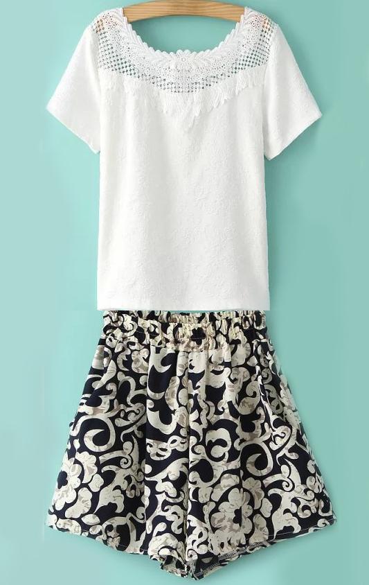Romwe Floral Crochet Hollow Top With Abstract Print Shorts