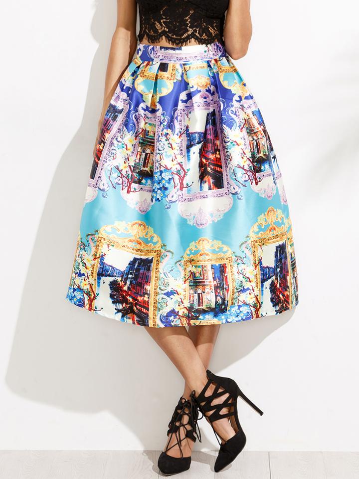 Romwe Multicolor Graphic Print Flare Skirt