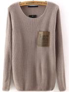 Romwe Letter Print Pocket Brown Sweater