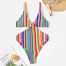 Romwe Striped Colorblock Adjustable Strap Plunge Monokini