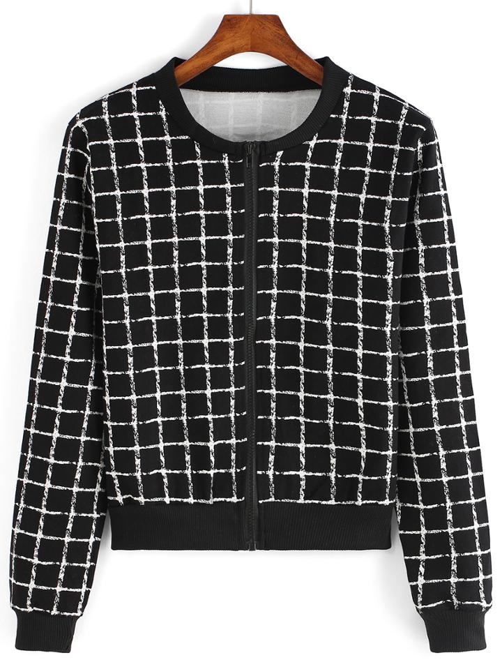 Romwe Round Neck Plaid Zipper Jacket