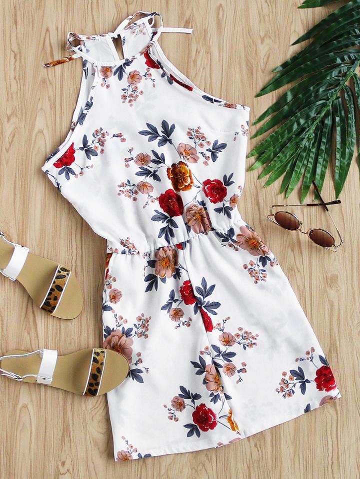 Romwe Floral Print Split Back Romper