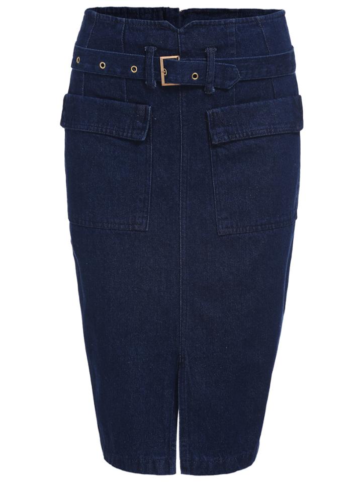 Romwe Self-tie With Pockets Split Denim Skirt