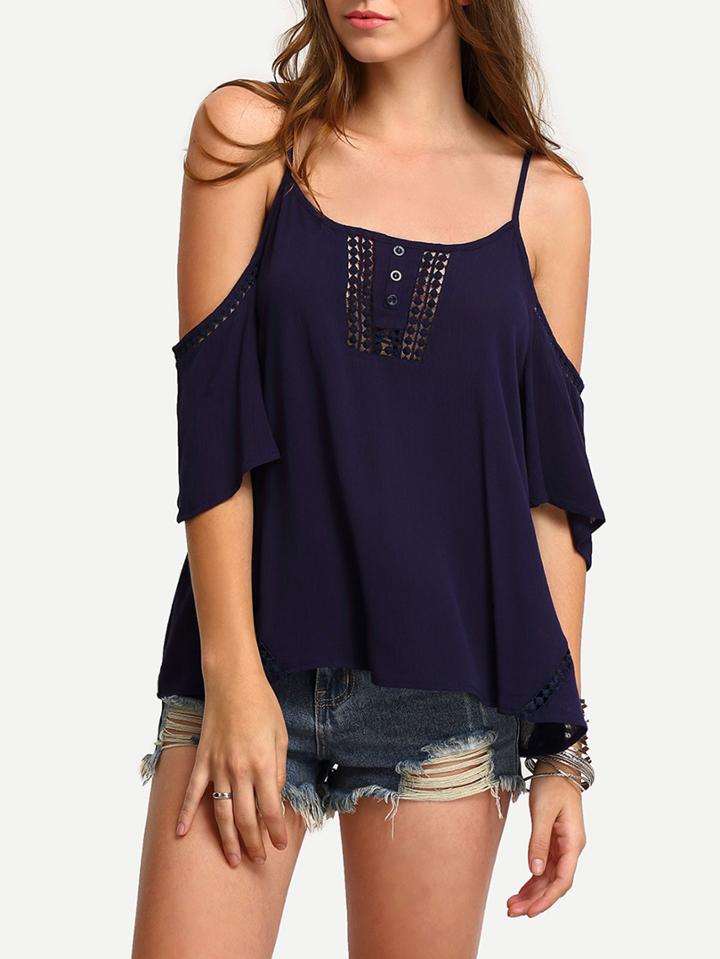 Romwe Royal Blue Cold Shoulder Shirt