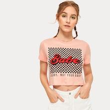 Romwe Letter And Plaid Print Crop Tee