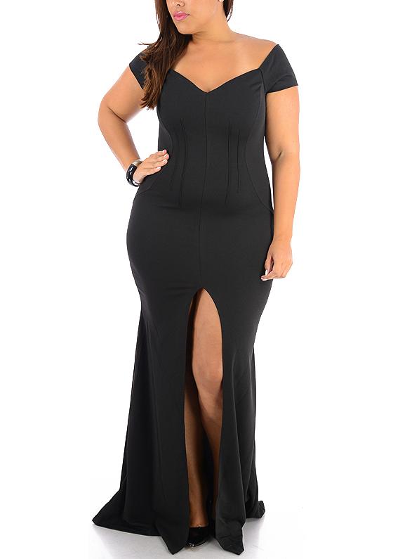 Romwe V Neck Slit Plus Black Dress