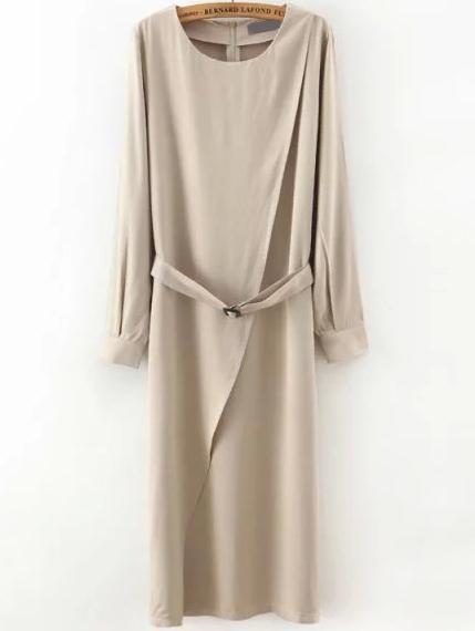 Romwe Round Neck Slit Belt Shirt Dress