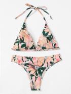 Romwe Flower Print Self Tie Bikini Set