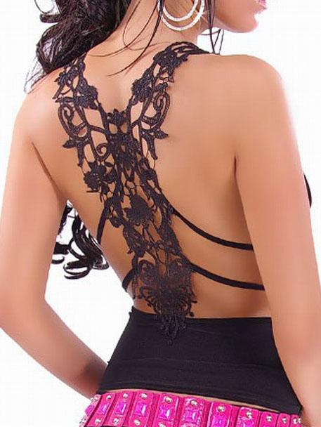 Romwe Black Lace Racerback Ruched Sleeveless Top