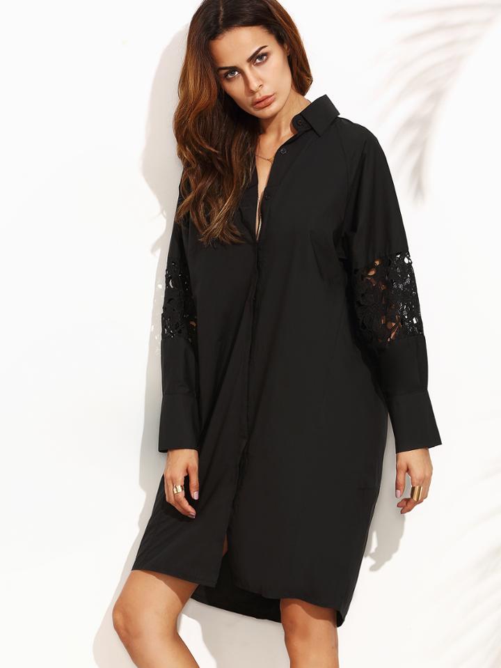 Romwe Black Lace Insert Hidden Placket Shirt Dress