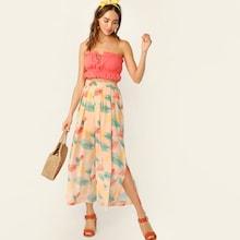 Romwe Leaves Print Slit Side Pleated Palazzo Pants