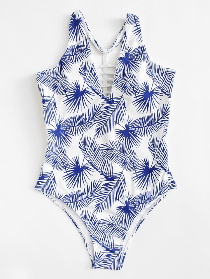 Romwe Leaf Print Caged Back Swimsuit