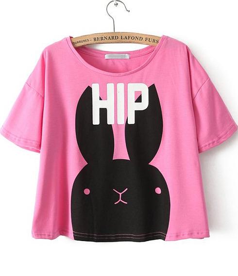 Romwe Pink Short Sleeve Hip Rabbit Print T-shirt