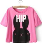 Romwe Pink Short Sleeve Hip Rabbit Print T-shirt