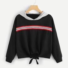 Romwe Knot Hem Striped Hoodie