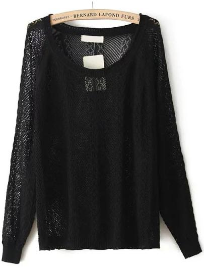 Romwe Cable Knit Hollow Black Sweater