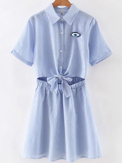Romwe Blue Lapel Stripe Bow Button Casual Dress