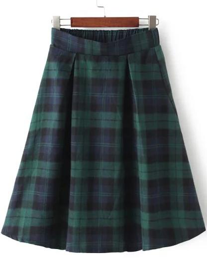 Romwe Green Blue Elastic Waist Plaid Skirt