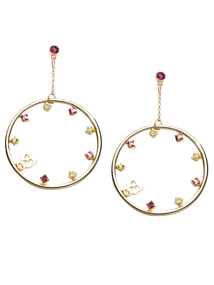 Romwe Gold Plated Circle Rhinestone Skull Drop Earrings