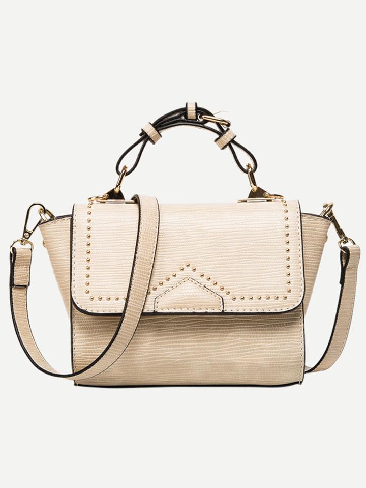 Romwe Beige Lizard Embossed Studded Trapeze Satchel Bag