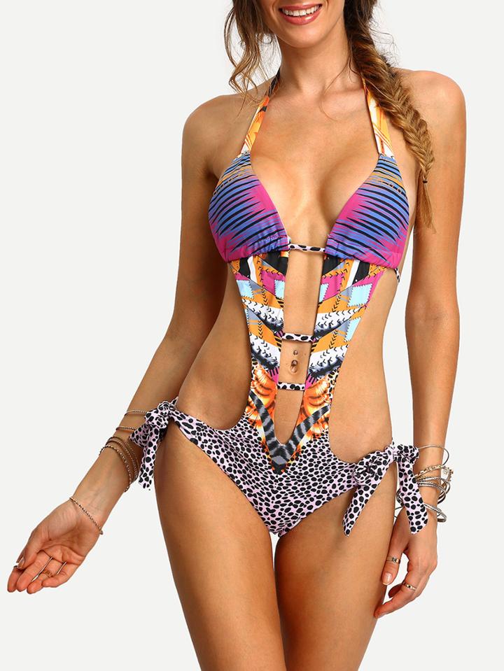 Romwe Halter Plunge Neck Cutout One-piece Swimwear