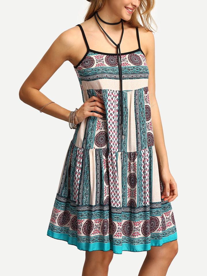 Romwe Spaghetti Strap Drop Waist Print Dress
