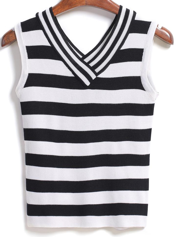 Romwe V Neck Striped Slim Tank Top