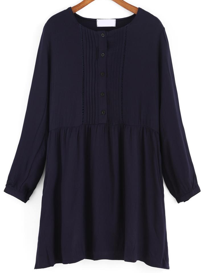Romwe With Buttons Hollow Shift Navy Dress