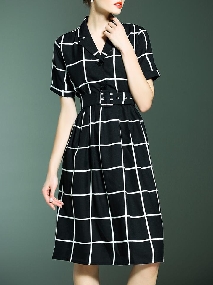Romwe Black V Neck Belted Check A-line Dress