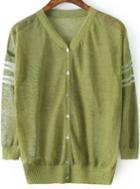 Romwe V Neck Striped With Buttons Green Cardigan