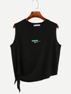 Romwe Black Letter Print Patch Side Tie Top