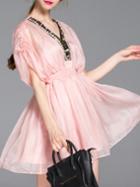 Romwe Pink V Neck Beading Sheer A-line Dress
