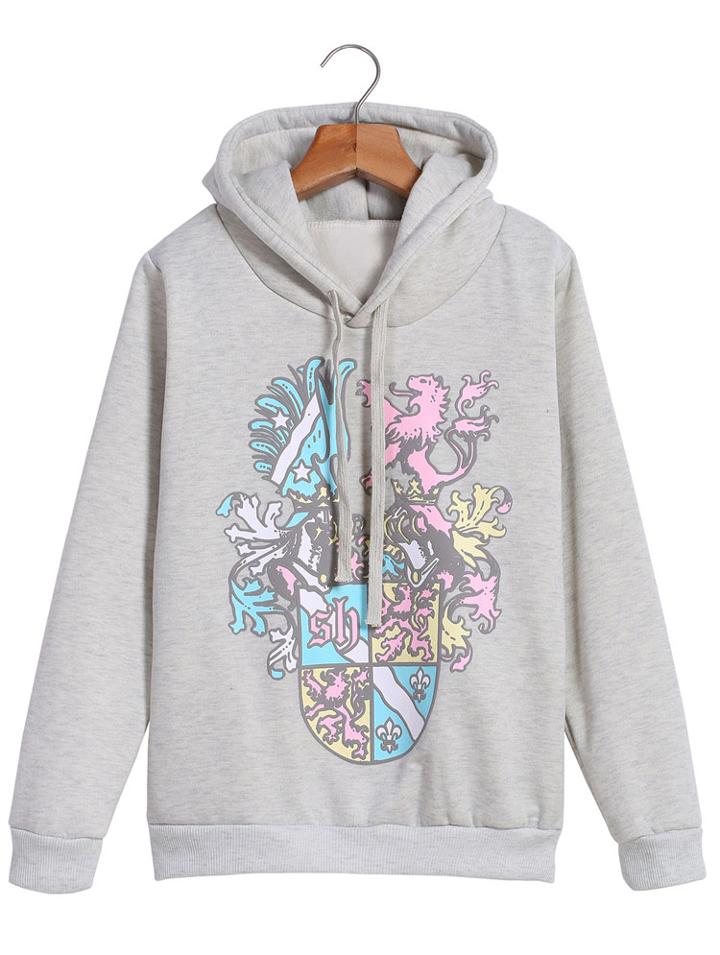 Romwe Hooded Vintage Print Grey Sweatshirt