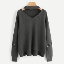Romwe V Cut Neck Zipper Detail Sweater