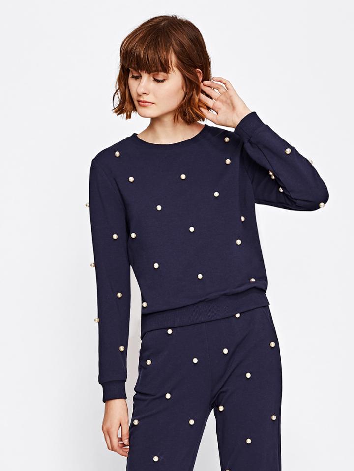 Romwe Pearl Beaded Sweatshirt