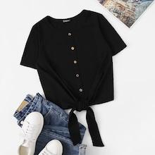 Romwe Button Up Ribbed Knot Hem T-shirt