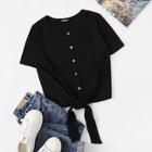 Romwe Button Up Ribbed Knot Hem T-shirt