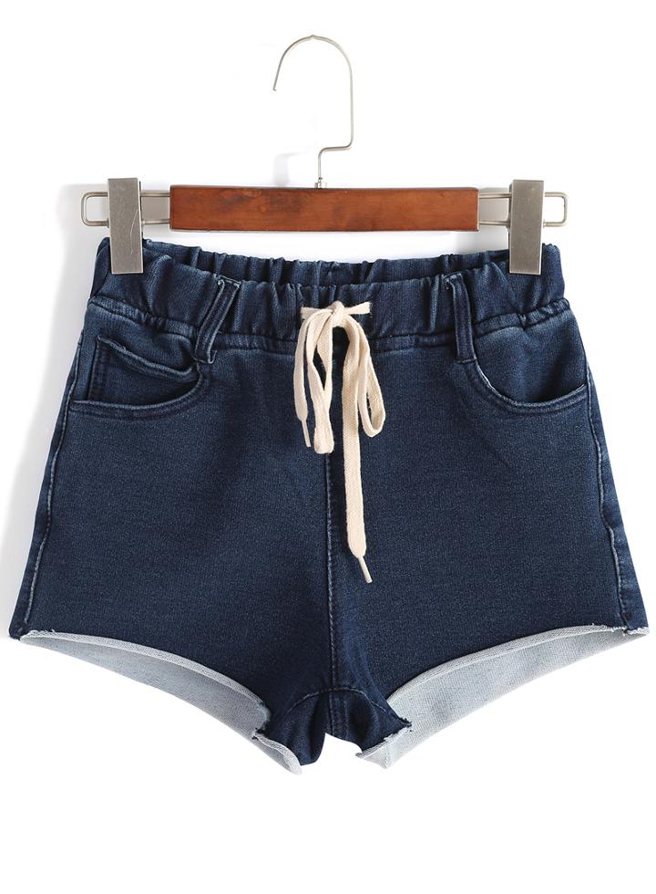 Romwe Drawstring Slim Denim Shorts