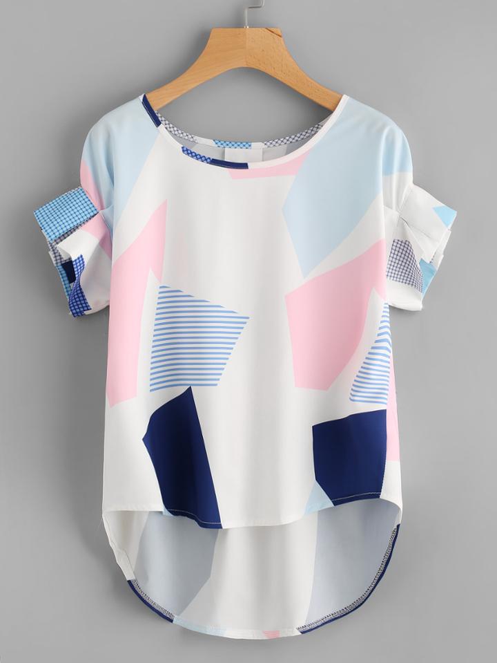 Romwe Random Print Frill Cuff Dip Hem Blouse