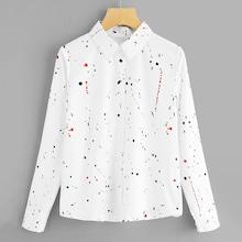 Romwe Button Front Printed Collar Blouse