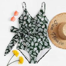 Romwe Plus Bow Tie Leaf Print Swimsuit