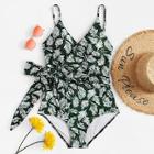 Romwe Plus Bow Tie Leaf Print Swimsuit