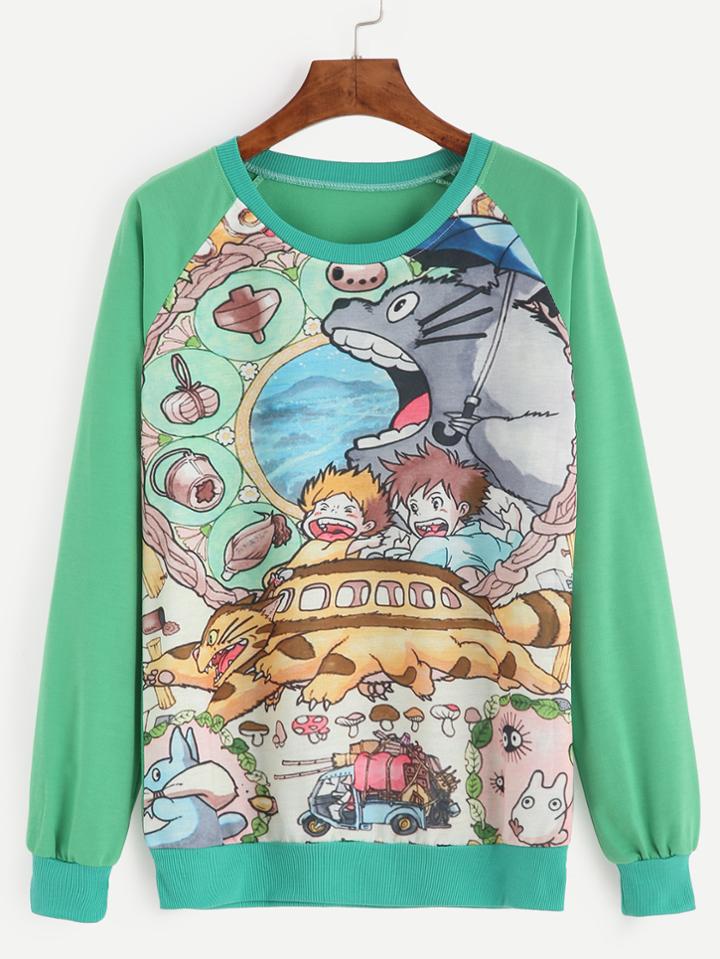 Romwe Green Cartoon Print Raglan Sleeve Sweatshirt