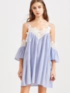 Romwe Blue Striped Lace Trim Cold Shoulder Dress