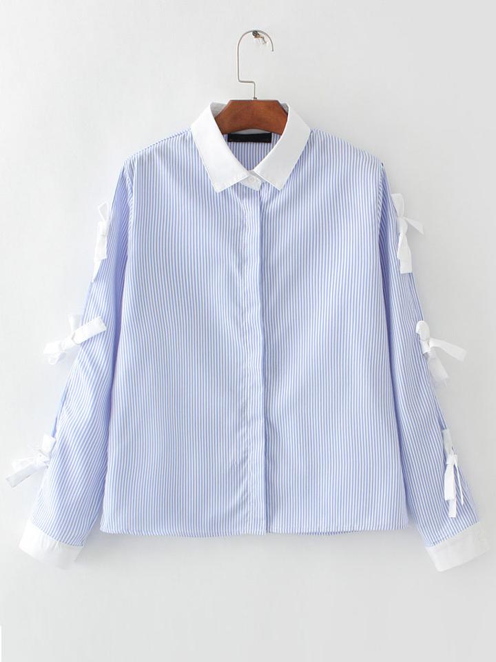 Romwe Blue Vertical Striped Contrast Collar Blouse With Bow Tie