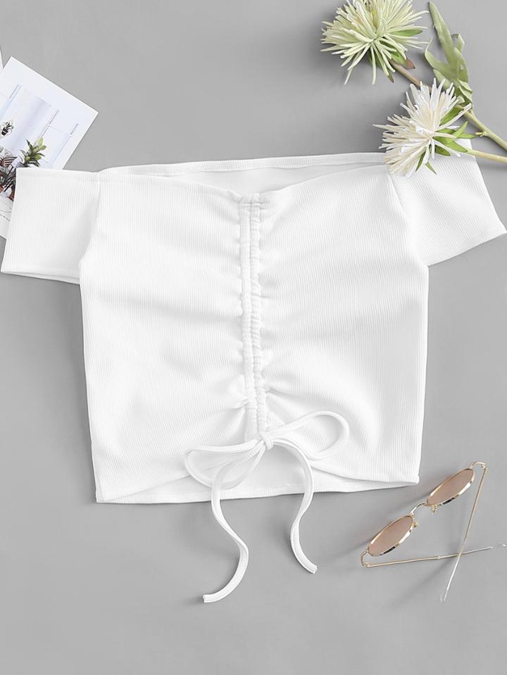Romwe Off Shoulder Ruched Drawstring Crop Tee