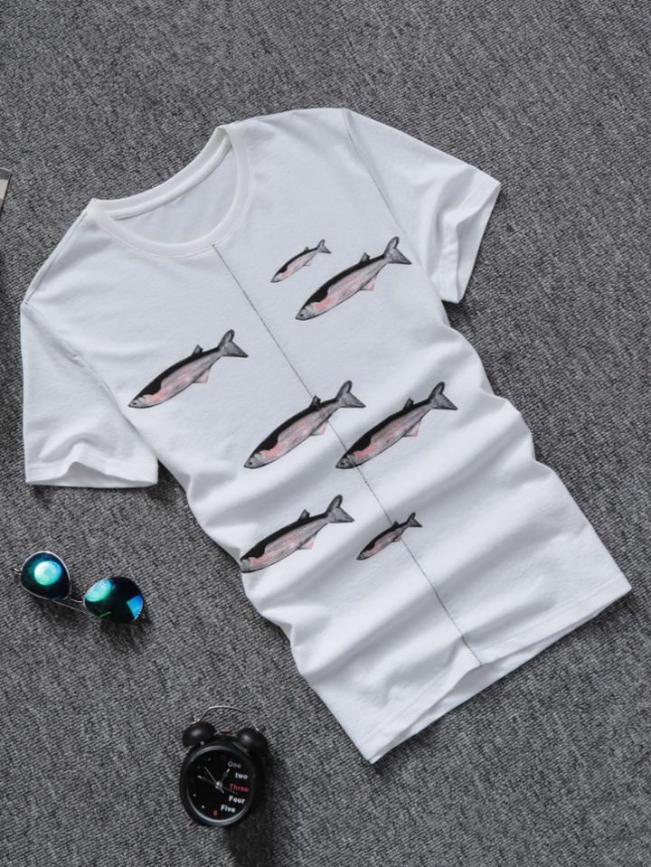 Romwe Men Fish Print Tee