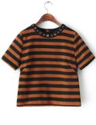 Romwe Coffee Round Neck Bead Striped Crop Blouse