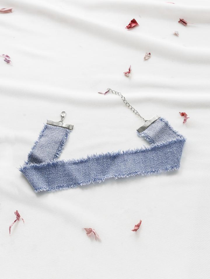 Romwe Blue Frayed Denim Choker
