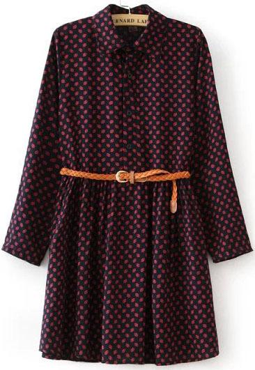 Romwe Red Lapel Long Sleeve Vintage Print Dress